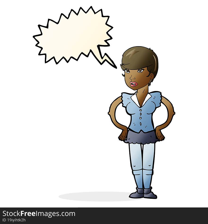 cartoon woman with hands on hips with speech bubble