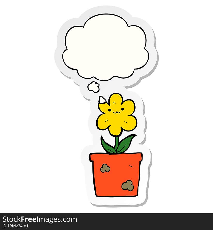 cartoon house plant with thought bubble as a printed sticker