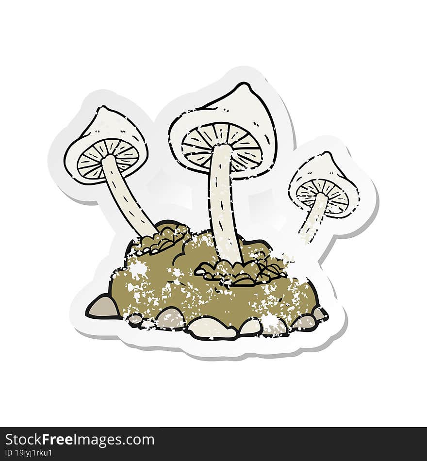 retro distressed sticker of a cartoon mushrooms growing