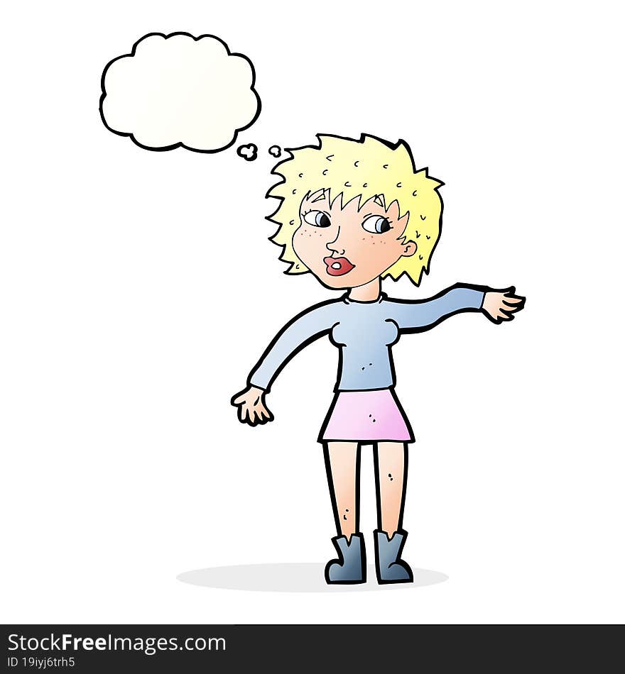 cartoon friendly woman waving with thought bubble