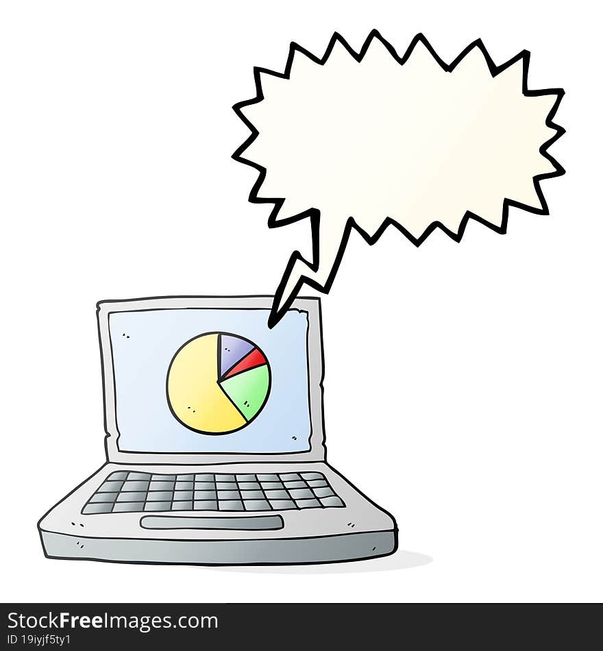 freehand drawn speech bubble cartoon laptop computer with pie chart