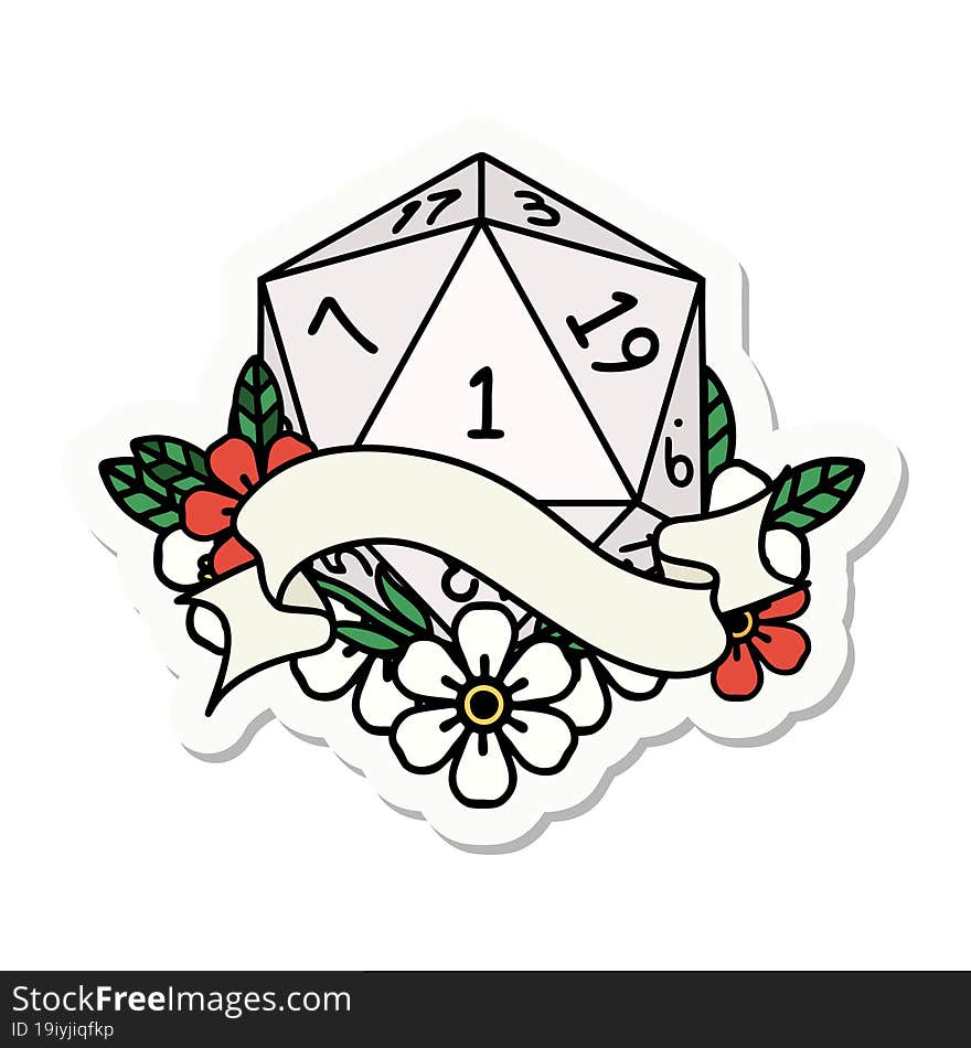 sticker of a natural one d20 dice roll. sticker of a natural one d20 dice roll