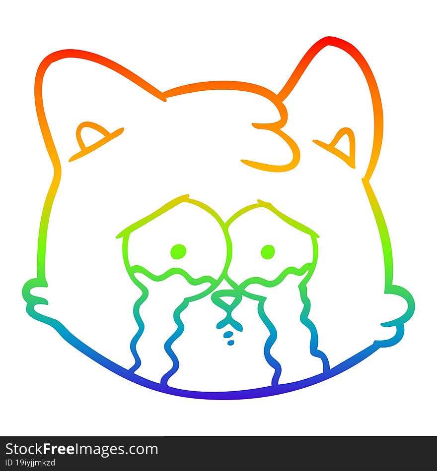 rainbow gradient line drawing of a crying cartoon cat face