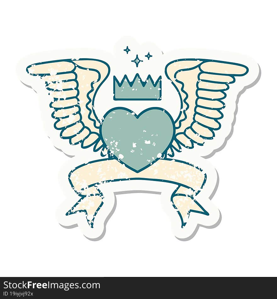 grunge sticker with banner of a heart with wings