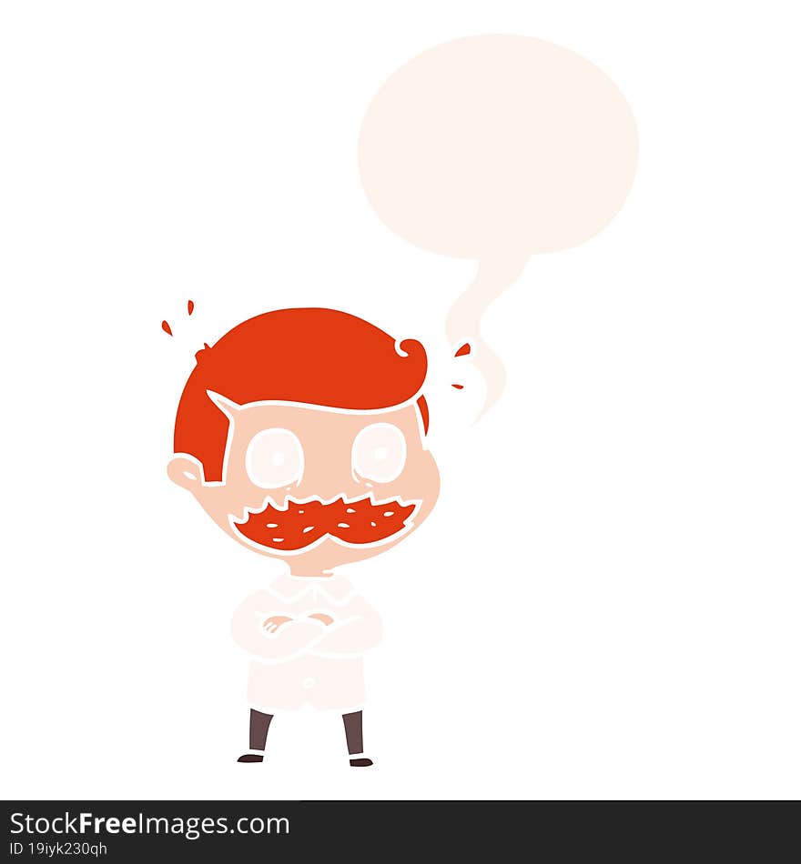 Cartoon Man And Mustache Shocked And Speech Bubble In Retro Style