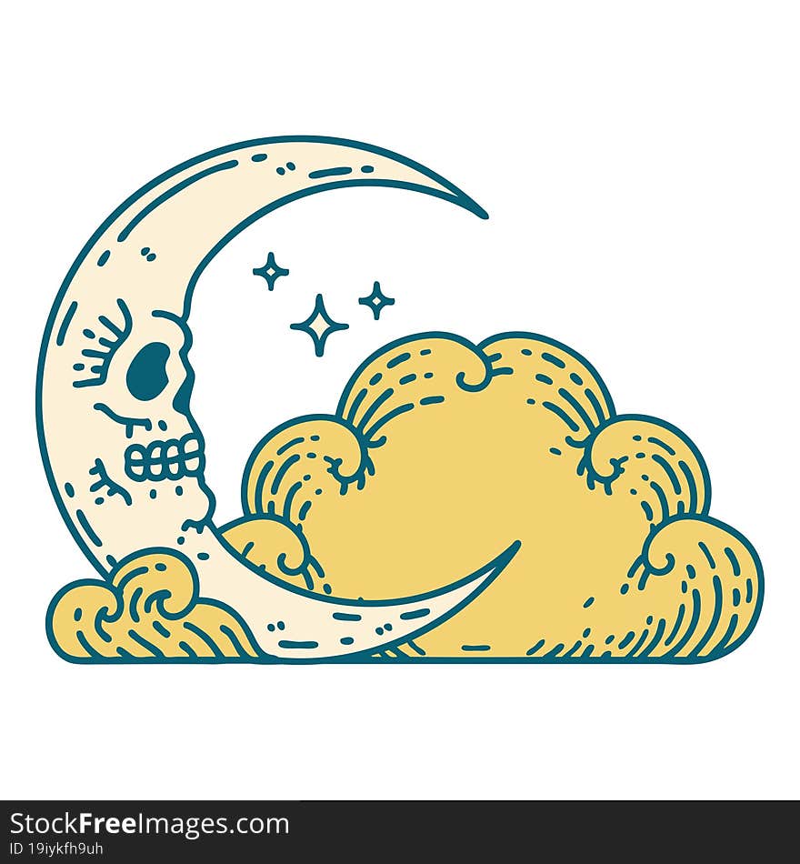 tattoo style icon of a skull crescent moon and clouds