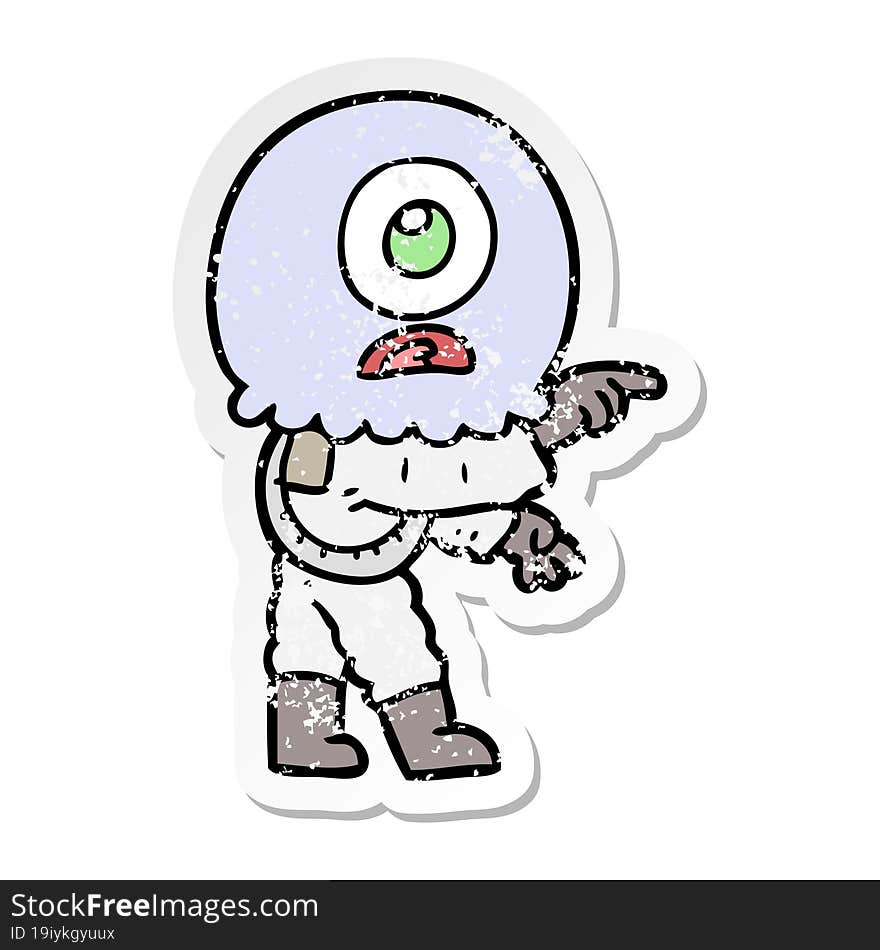 distressed sticker of a cartoon cyclops alien spaceman pointing