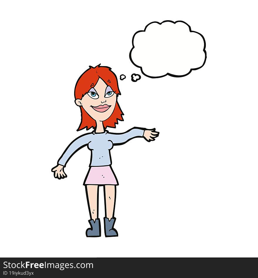 cartoon woman making hand gesture with thought bubble