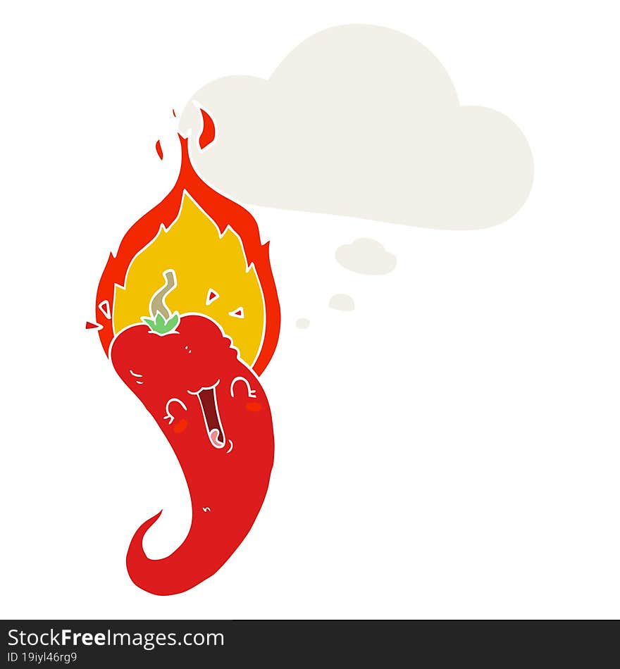 Cartoon Flaming Hot Chili Pepper And Thought Bubble In Retro Style