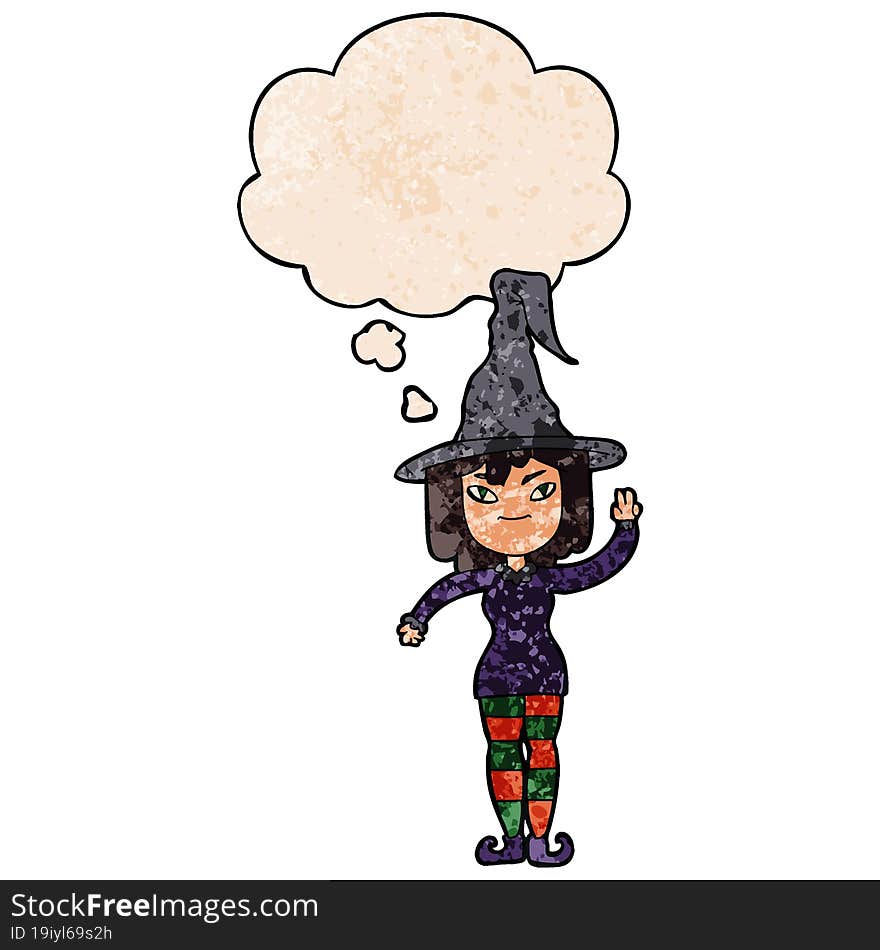 cartoon witch with thought bubble in grunge texture style. cartoon witch with thought bubble in grunge texture style