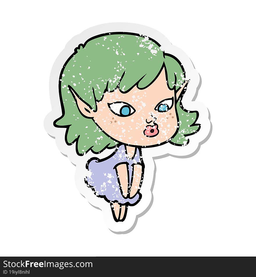 distressed sticker of a pretty cartoon elf girl