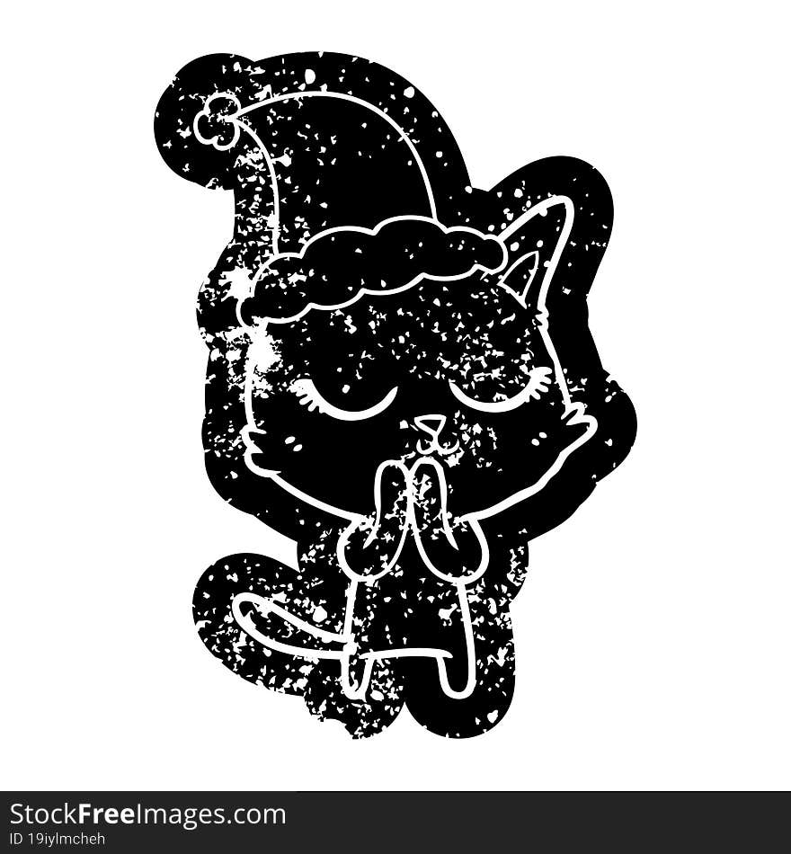 calm quirky cartoon distressed icon of a cat wearing santa hat