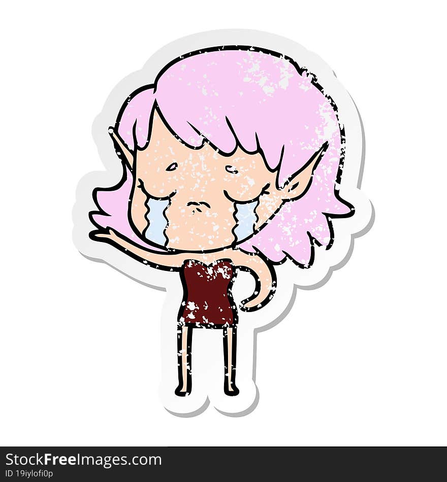 distressed sticker of a cartoon crying elf girl