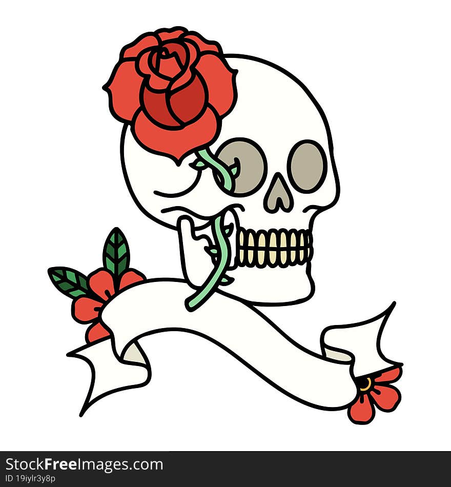 tattoo with banner of a skull and rose