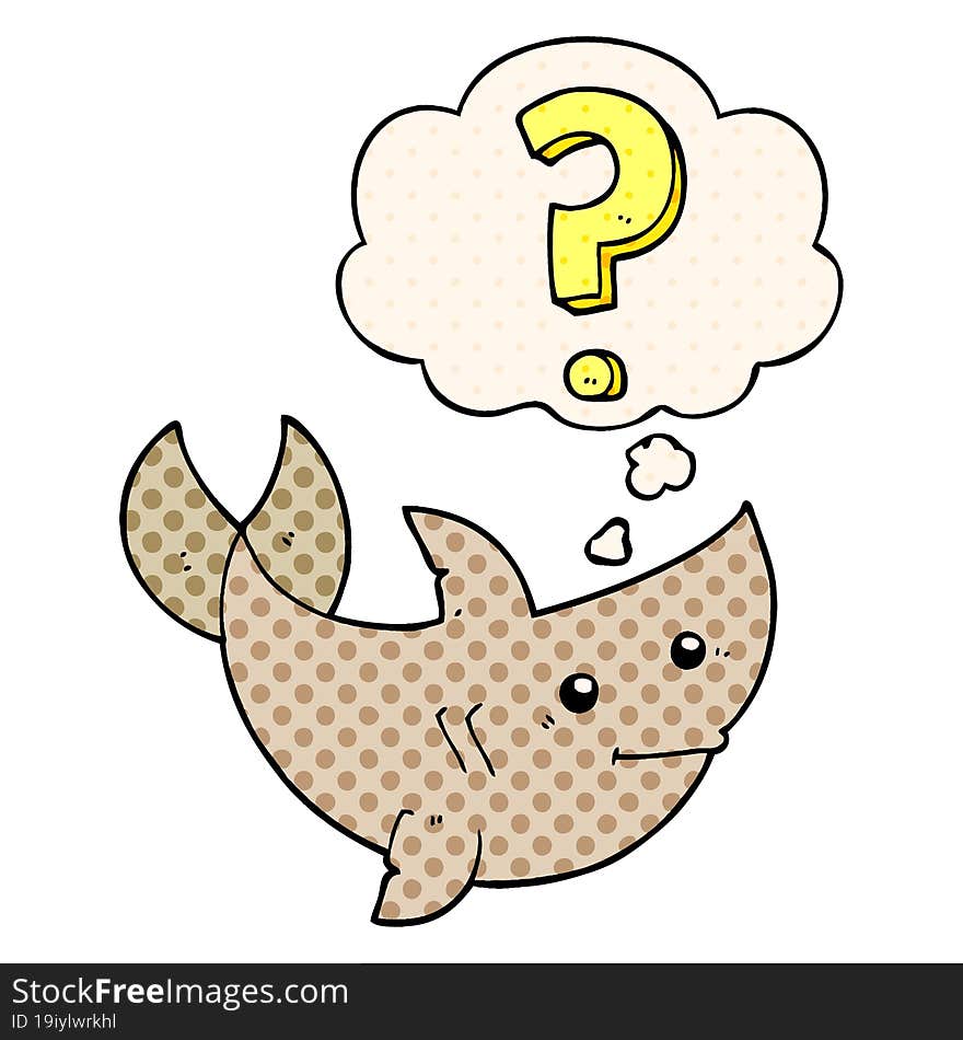 cartoon shark asking question and thought bubble in comic book style