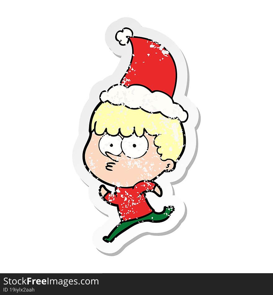 Distressed Sticker Cartoon Of A Curious Boy Running Wearing Santa Hat