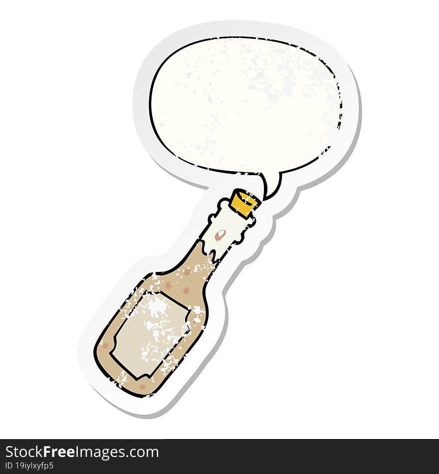 cartoon beer bottle and speech bubble distressed sticker