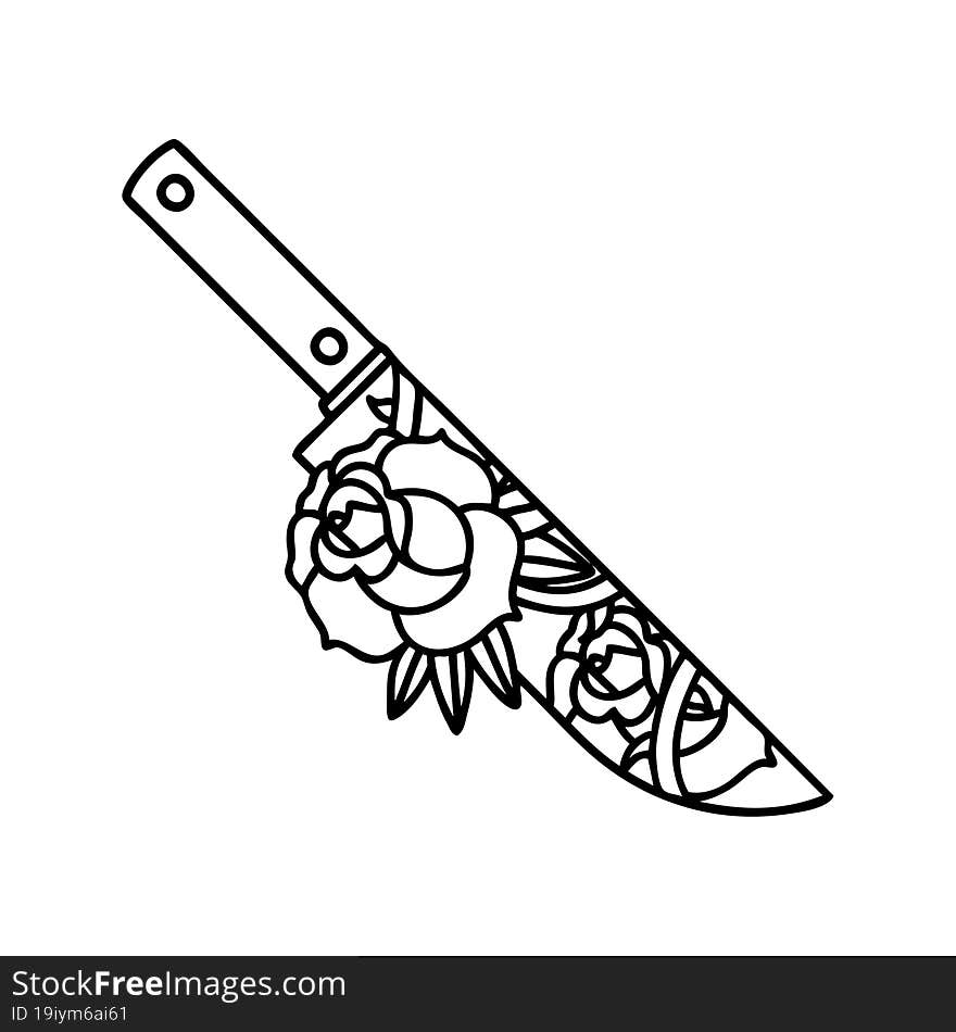 black line tattoo of a dagger and flowers