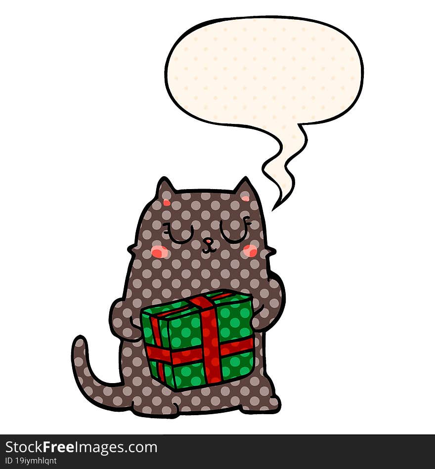 cartoon christmas cat and speech bubble in comic book style