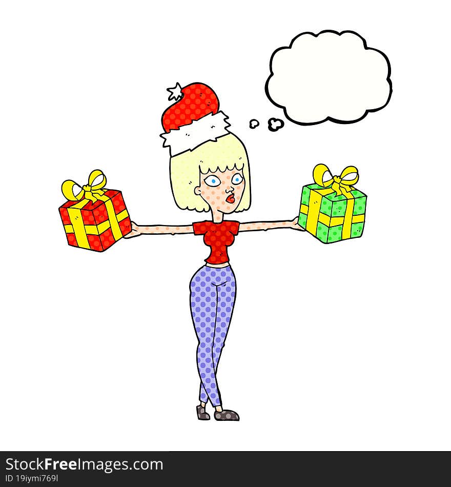 thought bubble cartoon woman with xmas presents