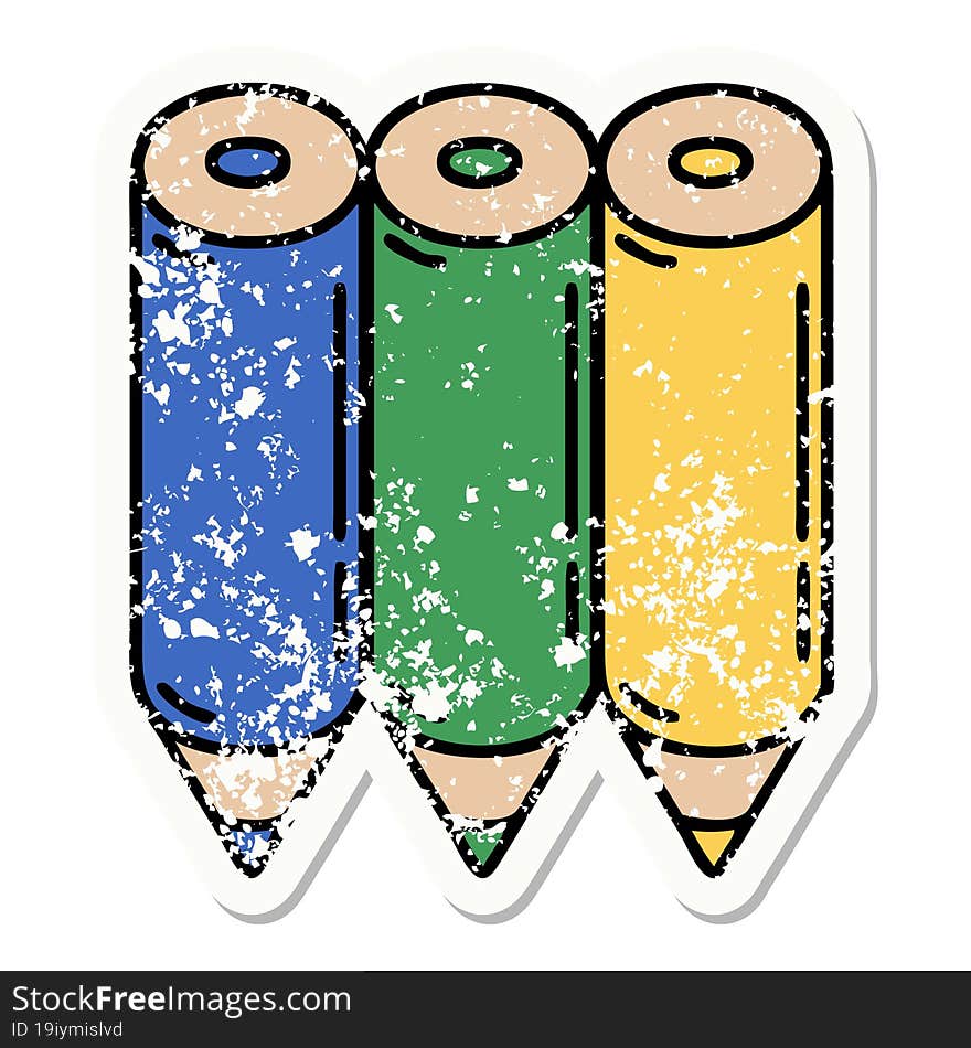 Traditional Distressed Sticker Tattoo Of A Colouring Pencils