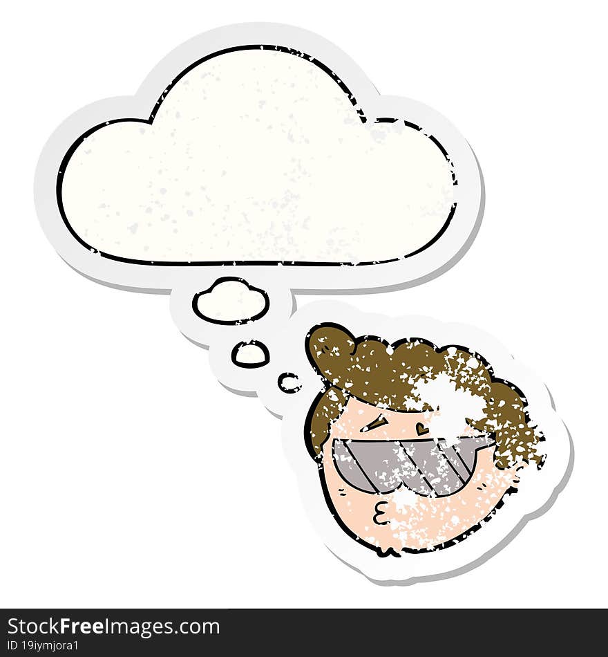 cartoon boy wearing sunglasses with thought bubble as a distressed worn sticker