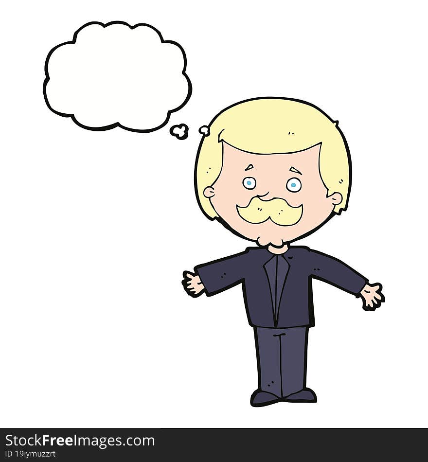 Cartoon Mustache Man With Open Arms With Thought Bubble