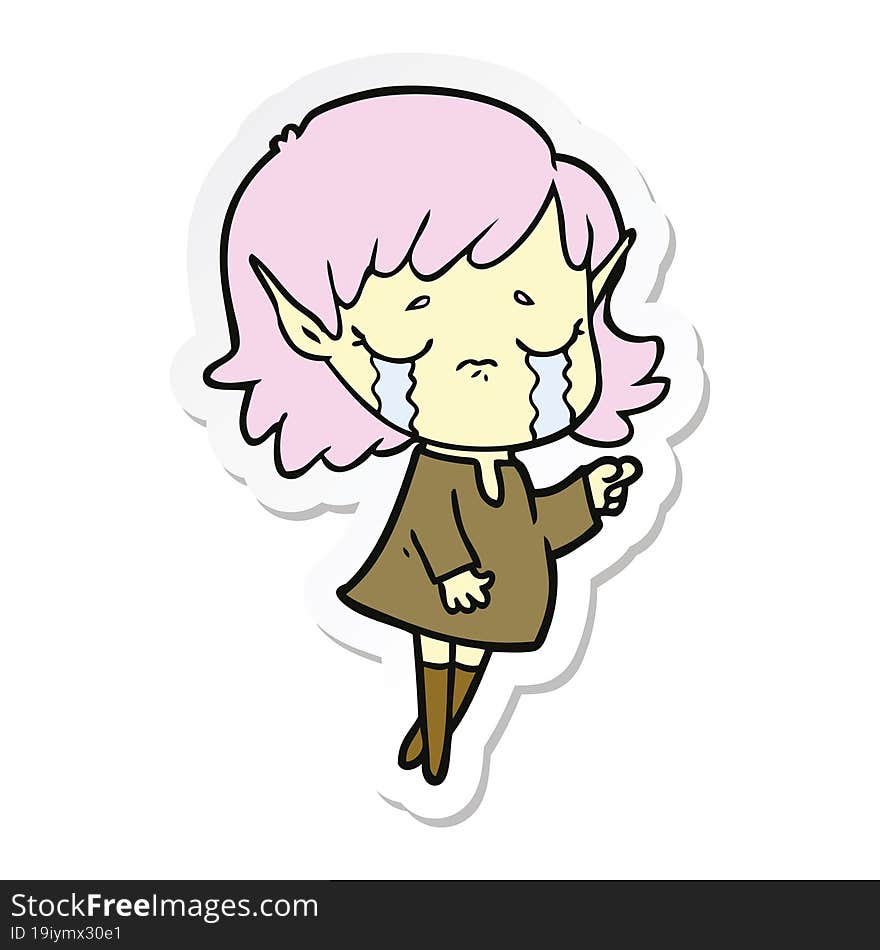 Sticker Of A Cartoon Crying Elf Girl