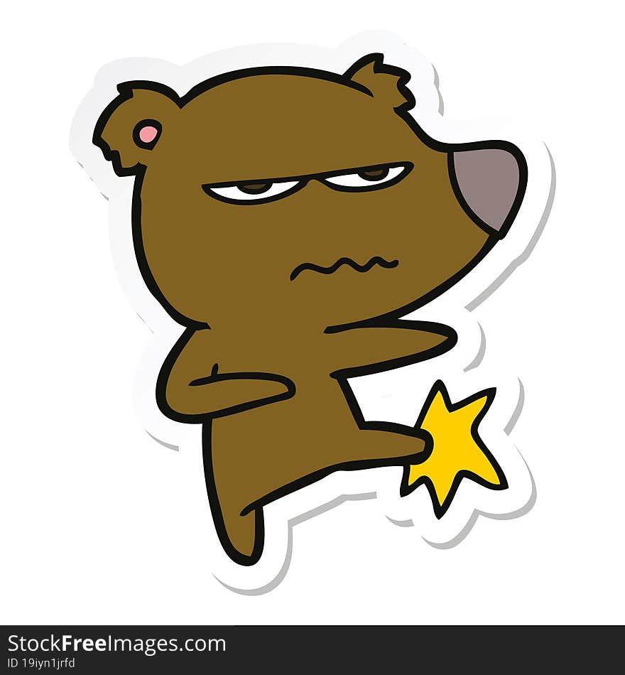 sticker of a angry bear cartoon kicking