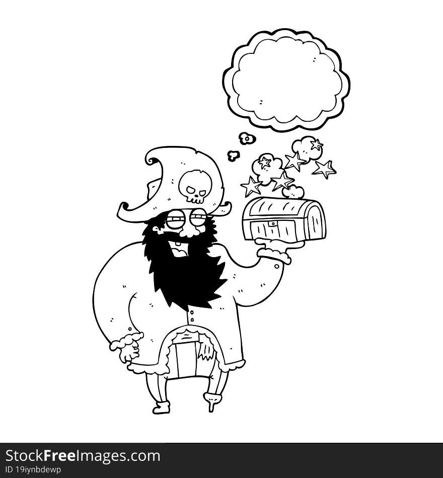 freehand drawn thought bubble cartoon pirate captain with treasure chest