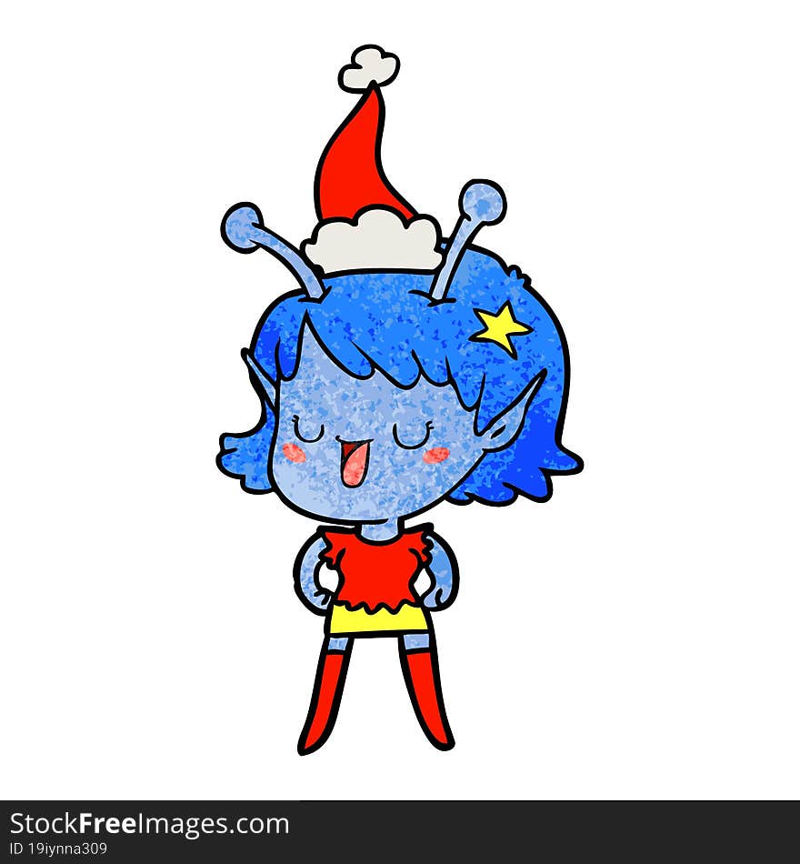 happy alien girl textured cartoon of a wearing santa hat