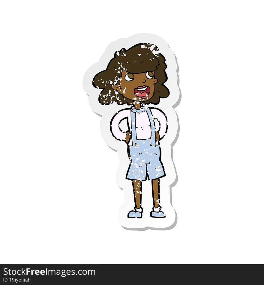 Retro Distressed Sticker Of A Cartoon Woman In Dungarees