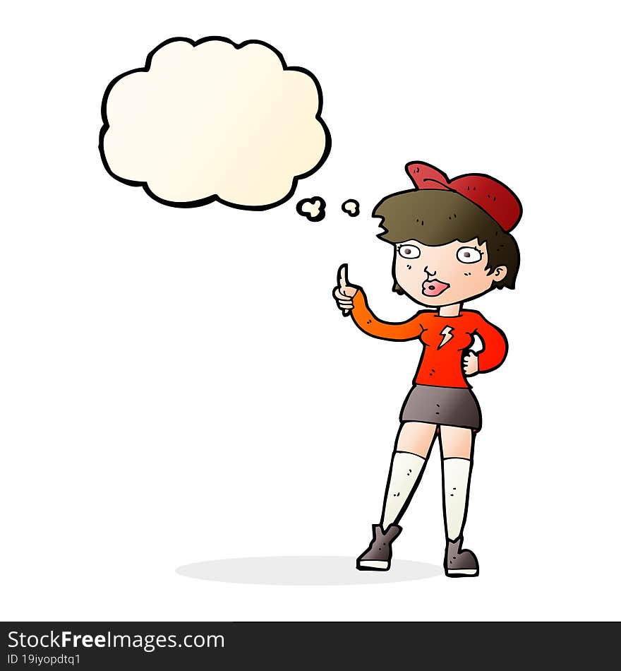 cartoon skater girl giving thumbs up symbol with thought bubble