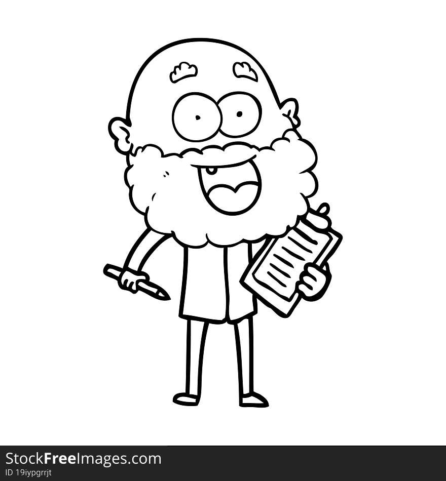 cartoon crazy happy man with beard and clip board for notes. cartoon crazy happy man with beard and clip board for notes