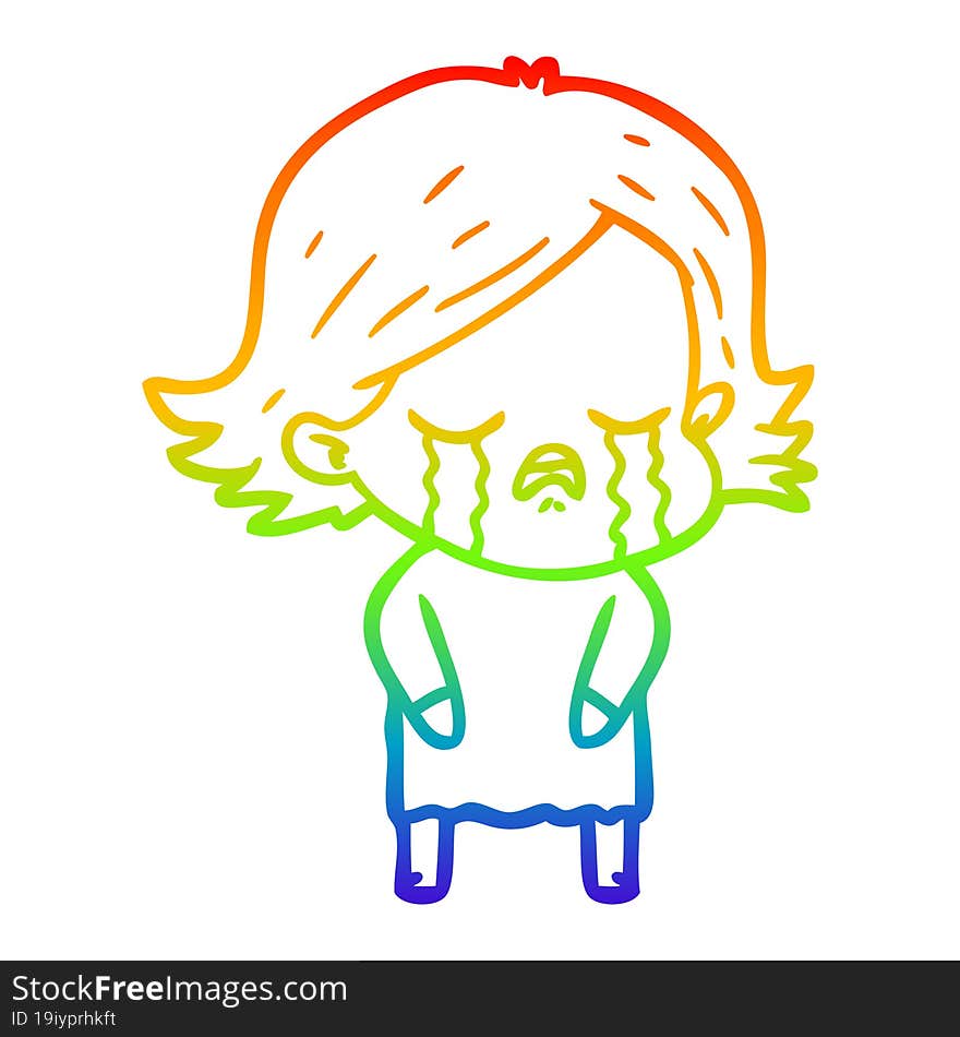 Rainbow Gradient Line Drawing Cartoon Girl Crying