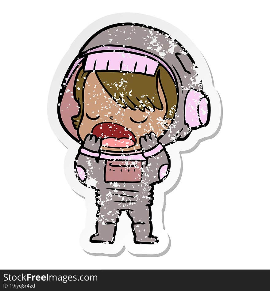 Distressed Sticker Of A Cartoon Talking Astronaut Yawning