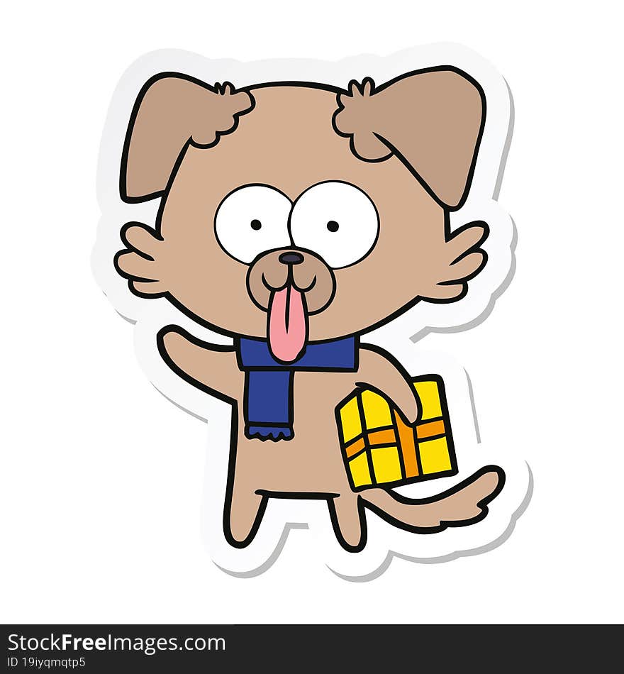 sticker of a cartoon dog with christmas present