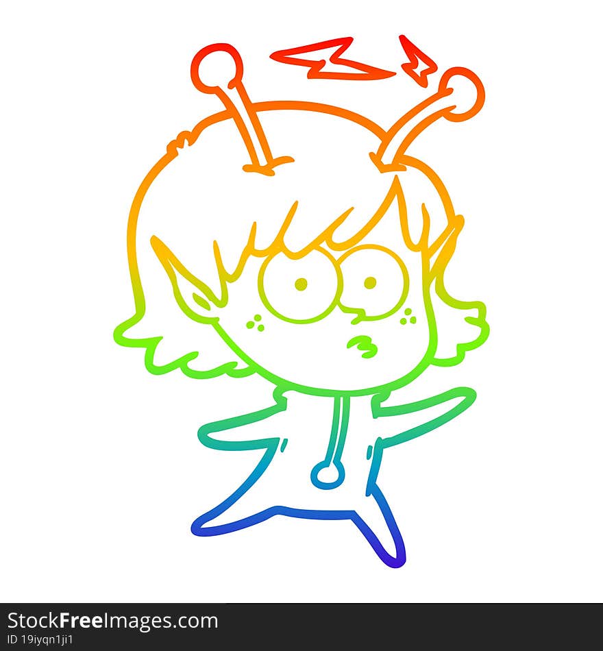 rainbow gradient line drawing of a cartoon alien girl