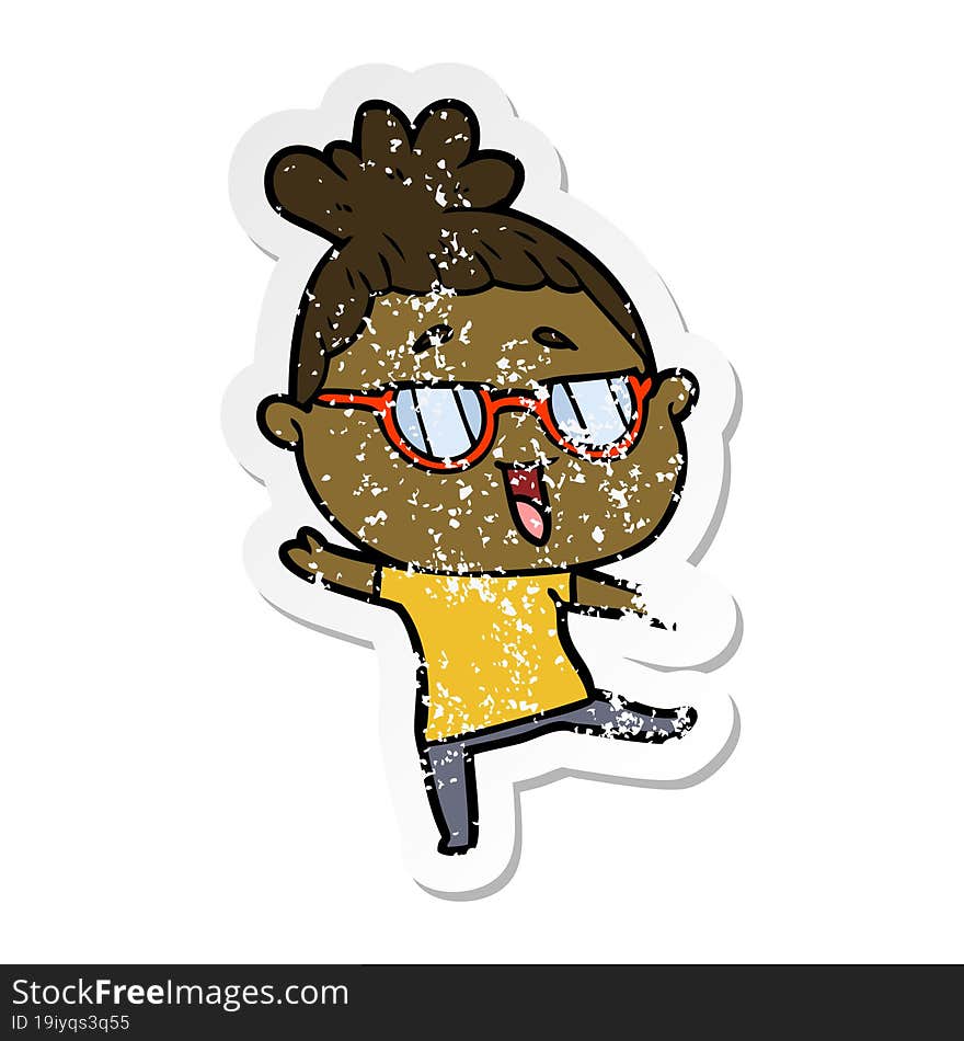 Distressed Sticker Of A Cartoon Happy Woman Wearing Spectacles