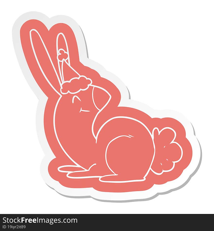 cute quirky cartoon  sticker of a rabbit wearing santa hat