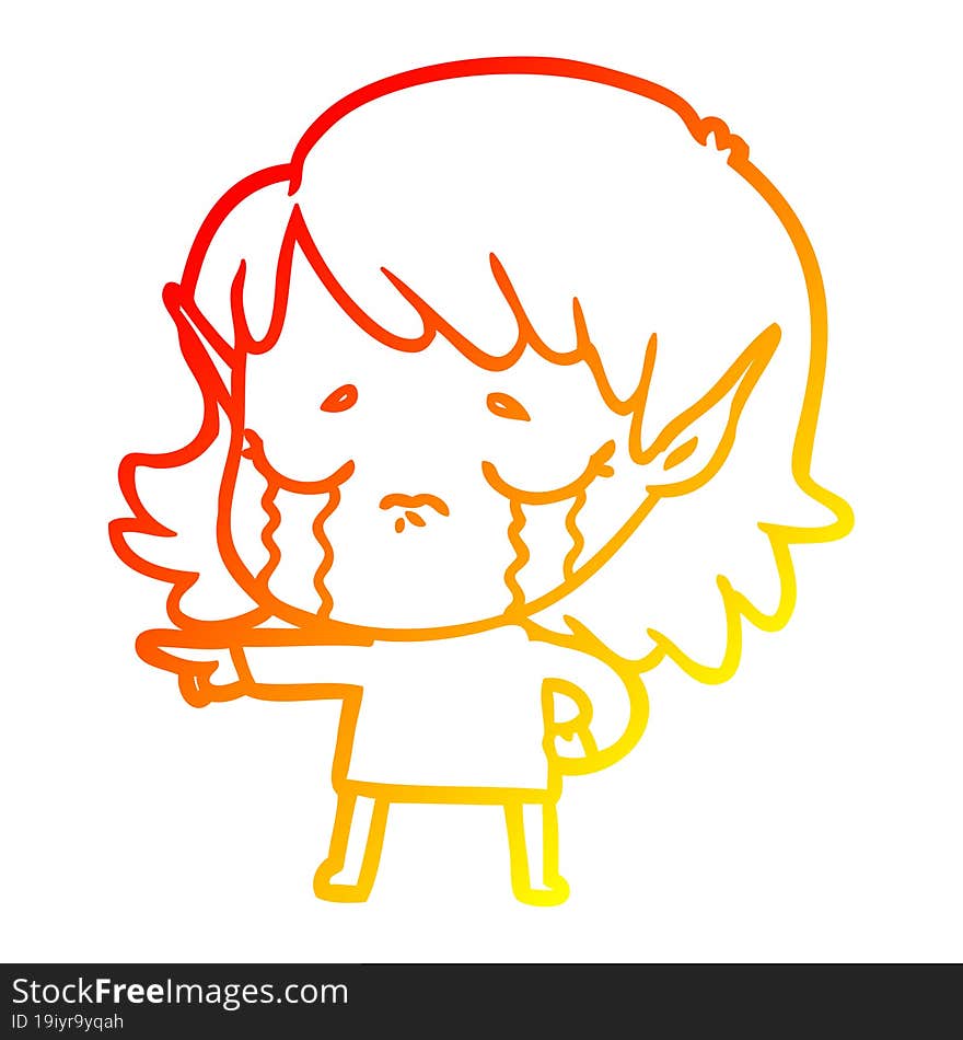 Warm Gradient Line Drawing Cartoon Crying Elf Girl