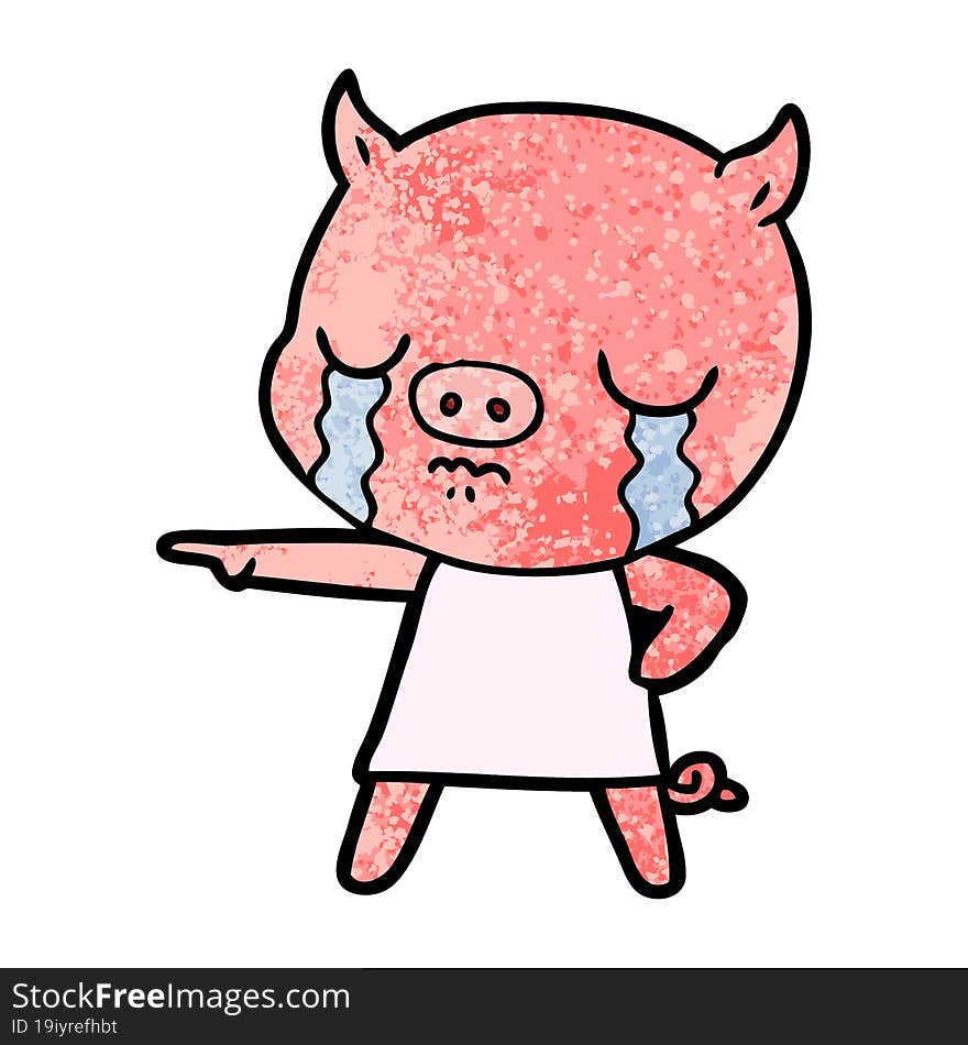 cartoon pig crying pointing. cartoon pig crying pointing