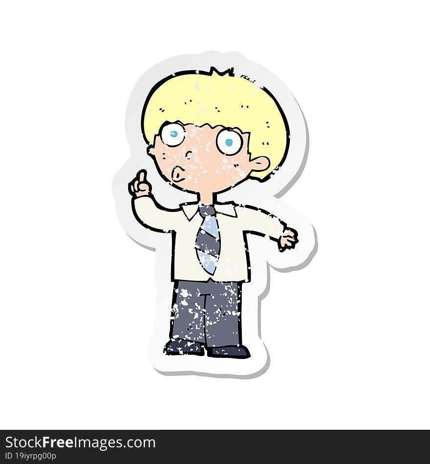 retro distressed sticker of a cartoon school boy with question