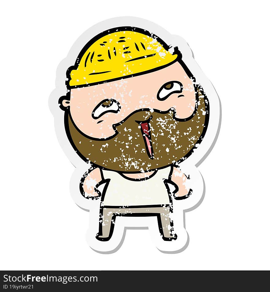 distressed sticker of a cartoon happy bearded man