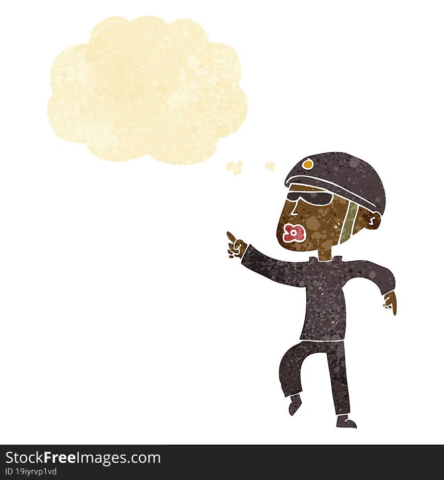 cartoon man in bike helmet pointing with thought bubble