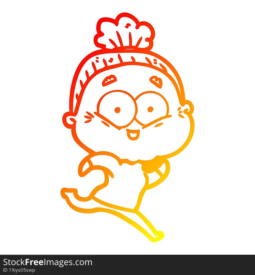 warm gradient line drawing of a cartoon happy old woman