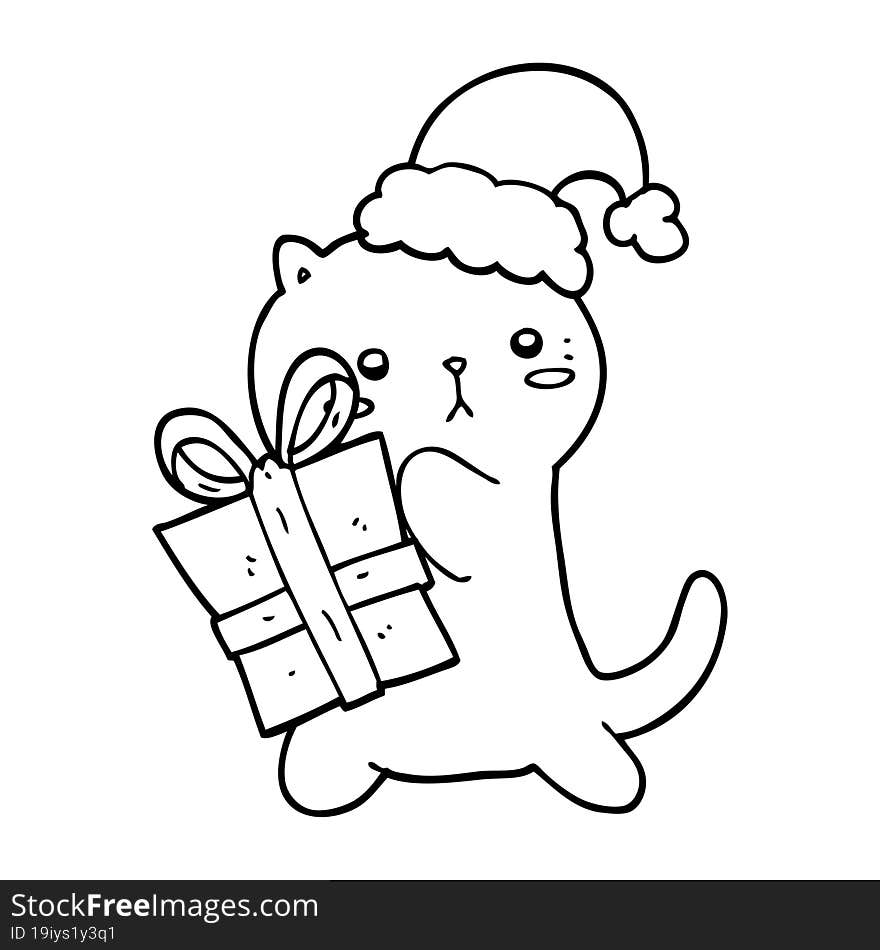 cute cartoon cat carrying christmas present