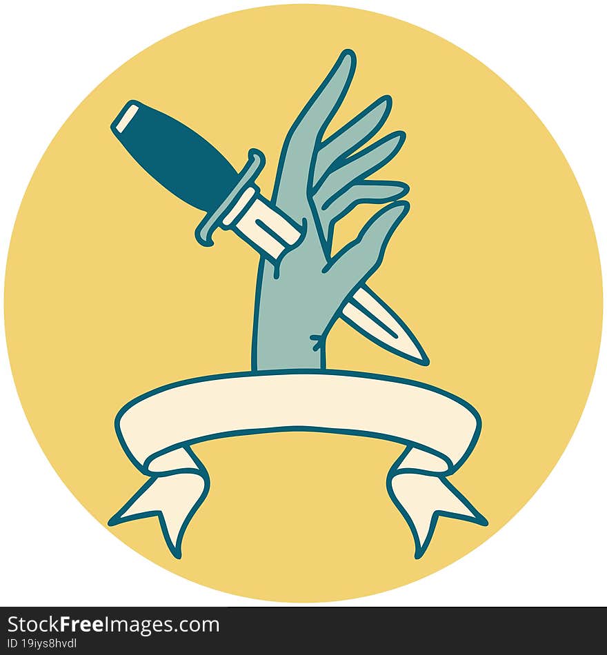 tattoo style icon with banner of a dagger in the hand