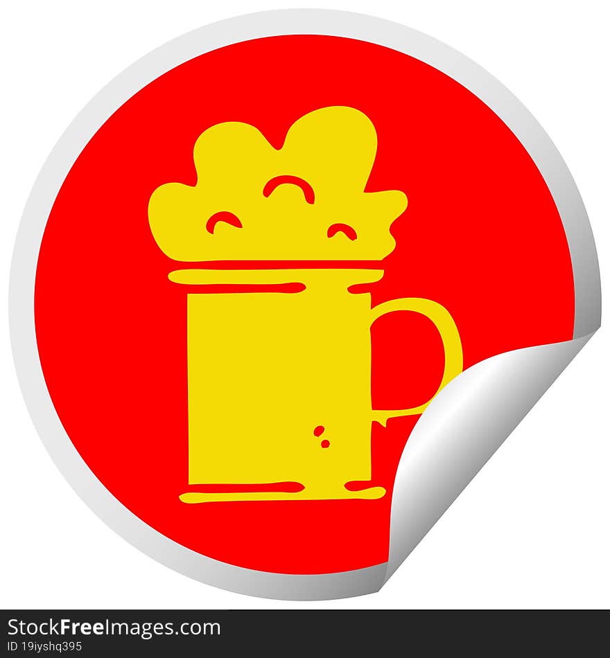 quirky circular peeling sticker cartoon tankard of beer