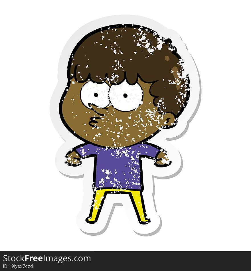 distressed sticker of a cartoon curious boy